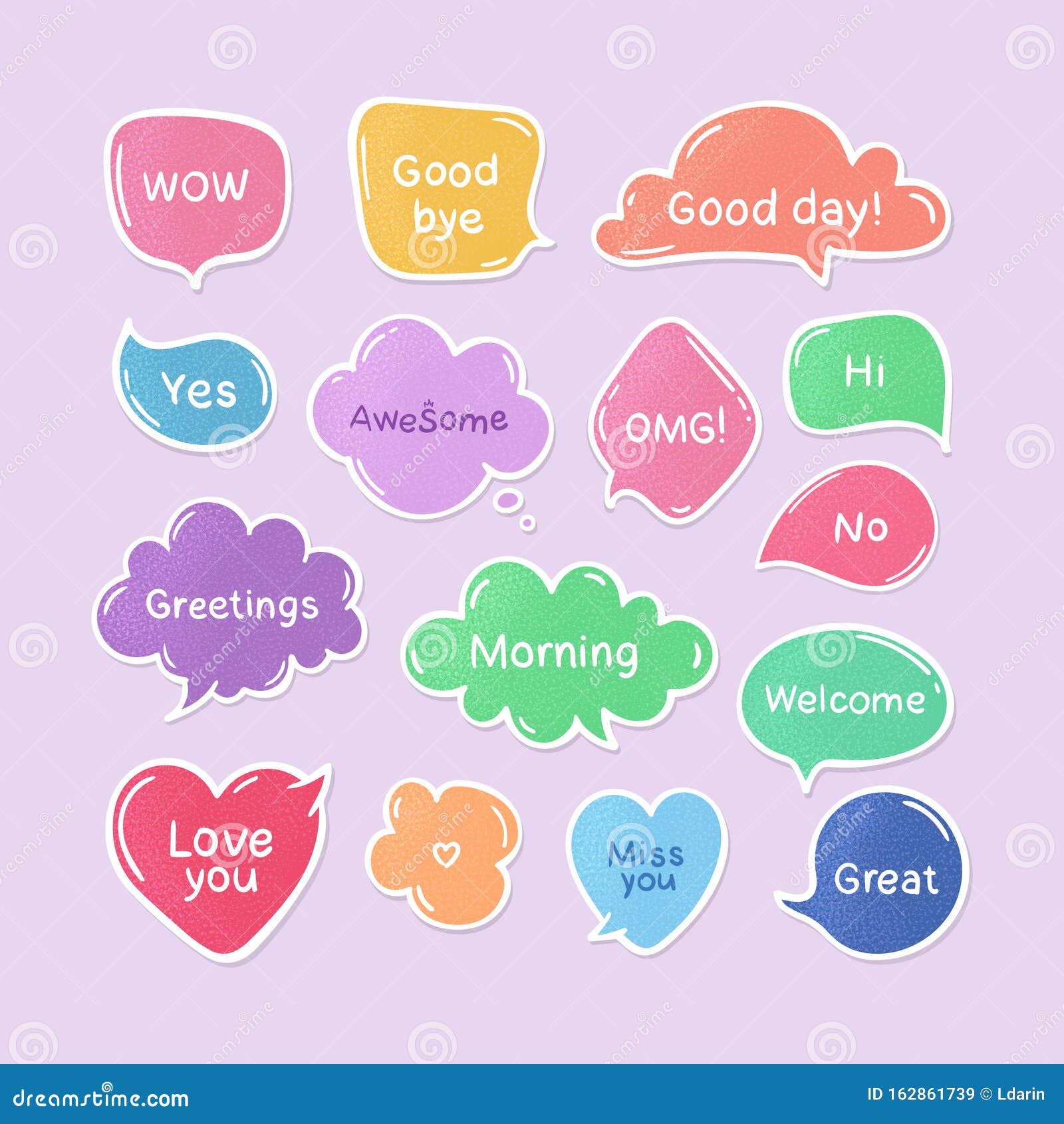  set of hand drawn color think and talk speech bubbles with message, greetings and dialog. stickers.